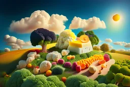 lifelike photography, vegetable and fruit landscape, broccoli forest, chive field, cauliflower sheep, orange sun, whipped milk clouds, raspberry flowers, cheese barn and haystack in sunshine, surrealistic