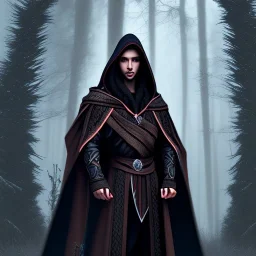 Male, Dark hair, Digital Art, Bow in hand, Hooded Cloak, Dark Forrest background