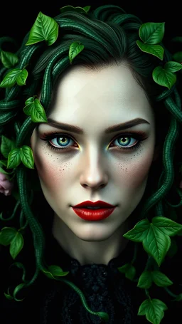 A hyper-realistic close-up portrait of a mysterious woman harley quinn 3D rendering of Expressively detailed and intricate of a hyperrealistic “ human head detailed with organic form”: front view, symetric, green glossy plant vines, anatomy, symmetric, scientific, baroque ornament, single object, vivid colour, black background, cosmic fractals, octane render, 8k post-production, dendritic, artstation: award-winning: professional portrait: atmospheric: commanding: fantastical: clarity: 16k: ultra