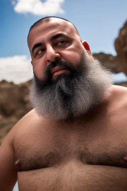 wide angle photography of two arab burly tubby men 51 years old, one man after another to play a trick on him, manly chest, long beard, sunshine, ambient occlusion, 35mm lens , view from the ground