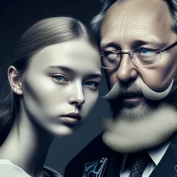 a young woman sitting next to a 50-year-old man with beard, portrait, 8K, close-up face, anatomically perfect face, Highly detailed stunning full frame portrait, misty and cloudy atmosphere