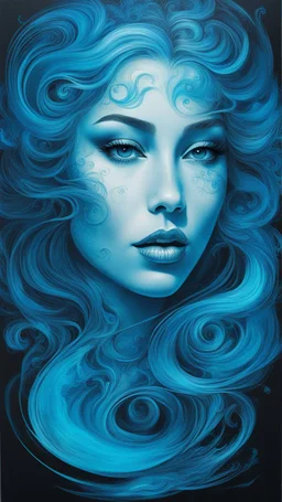 Bosch painting style of blur smoke, neon Blue ink swirls, beautifully lit, detailed of a two mermaid face