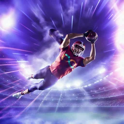colourful rounded smooth infinity symbol ∞ on shirt, American football player diving with an American football in both hands to score touchdown, face obscured, striking, vibrant, chiaroscuro, dramatic, captivating, powerful, fantasy, beautiful, octane render, 16k post-production, artstation: award-winning: atmospheric: commanding: fantastical: clarity: ultra quality: striking: brilliance: stunning colors: amazing depth; lens: f/11, 35mm