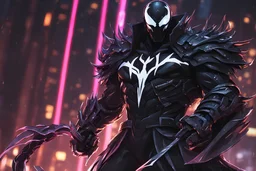 Venom Shredder in 8k solo leveling shadow artstyle, machine them, close picture, rain, Shredder helmet, neon lights, intricate details, highly detailed, high details, detailed portrait, masterpiece,ultra detailed, ultra quality