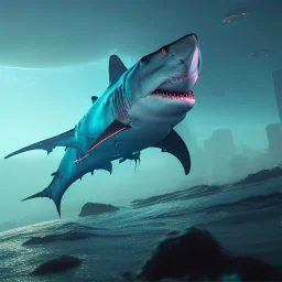 cyberpunk cyber shark deep water unreal 5, octane render, cinema4d, redshift render, hyper realistic, cenematic, vibrancy, synthwave, retouch, centered, dynamic lighting, dramatic lighting, 4k, highly detailed, attractive beautiful, realistic, virtual reality, epic composition, holographic,