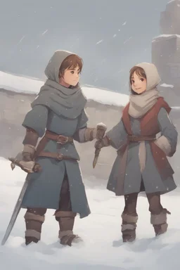 DnD style, two medieval peasant kids playing in the snow male and female, age 14 and 15, happy and playful, he has a short sword.