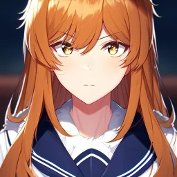 Clear focus,8k,Beatiful Lighting,Beatiful Blur,Beatiful Face,Beatiful Shading,Amber long hair,fluffy hair, long fluffy bangs, Cyan eyes, wearing a sailor uniform, Extreme Close Up, Anime Girl