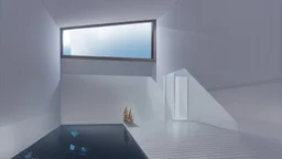 A serene oasis within, a tranquil indoor pool surrounded by sleek glass walls and gleaming marble floors, warm golden light spilling in through skylights above, the soft whoosh of water a soothing melody, a haven of relaxation and escape from the world outside, inviting you to dip your toes into its crystal clear waters.