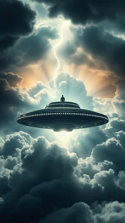 A ufo hovering beaming up a human above swirling clouds, emerges from the heart of a raging storm. Turbulent winds of steam swirl around the iconic structure, lit by shafts of sunlight that cast dramatic shadows on the A large UFO spacecraft beaming up a human surrounding clouds. A storm rages and thunder lights up the dark sky,