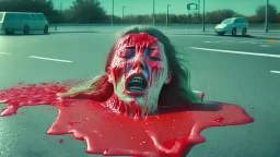 wide angle shot of crying woman made of jello leaving hotel parking lot