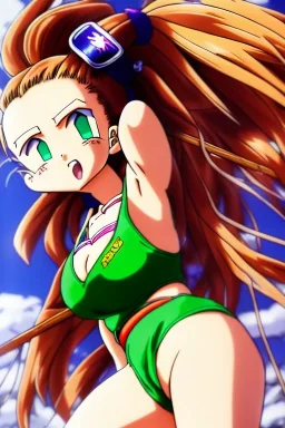 In the style of Toriyama, hyper detailed, strikingly beautiful teen female, 16 years old, long ponytail, ginger hair, green eyes, medium freckles, full lips, full body, full face, tiny breasts, athletic, centred camera, ignore NSFW, bikini, Videl, athletic