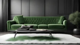 Black interior with green velour sofa, table, fur carpet and decor. 3d render illustration mock up.