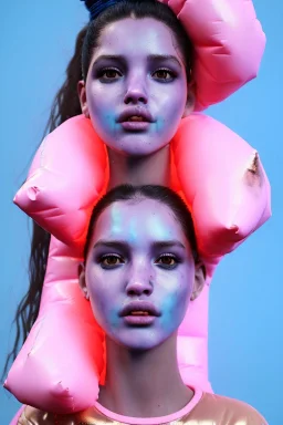 Ultra Realistic image, Rosalía artist, portrait, normal complexion, waist up portrait, long black eye line, sweet face, t-shirt with holes, inflatable open coat, gold pink and blue style, spray glow make up, geometric led jewelry, fog, hot, inflatable style latex coat, vibrant color, highly detailed, art stations, concept art, smooth, unreal engine 5, god rays, ray tracing, RTX, lumen lighting, ultra detail, volumetric lighting, 3d, finely drawn, high definition, high resolution.