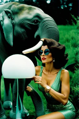 sixties, beautiful woman holding a piece of elephant art, Portra 400 film photo, analog inspiration, bubble, helmut newton, polaroid colors, realistic face, space age