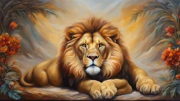 oil painting, lion, majestic, festive, divine, beautiful composition, exquisite detail