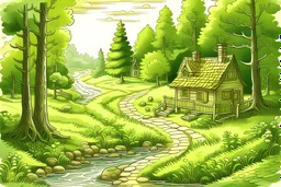 A page drawing peaceful forest scene with a winding path leading to a cozy cottage bathed in sunlight.