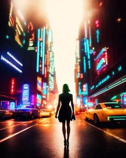 Noir, woman from the back silhouetted by neon lights facing empty night futuristic city in photorealistic style, ice blue neon signs, street level view, raytracing, depth of field, cinematic, highly detailed, rim lighting