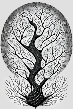 "Design a captivating line art representation of a guitar tree for a T-shirt. Picture a tree where the branches and leaves are composed of intricately detailed guitar necks, frets, and strings. Emphasize the connection between music and nature in a stylish, monochromatic design."