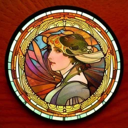 round coaster with stained glass effect, highly detailed, intricate, warm colors, alphonse mucha