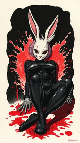 Goth Asian woman, lying pose, rabbit mask, pink short hair, latex suit, highly detailed, fullbody, splashes blood, behind guts rising from the ground, papercut illustration by <John Kenn Mortensen>, darkred tones,