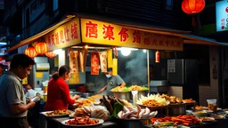 Delicious Chinese street food in Kuala Lumpur at night, eating stalls, seafood, eclectic mix of oriental food, award-winning colour photograph, beautiful composition, exquisite detail, Nikon 35mm