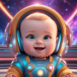 (masterpiece, best quality, 8k, RAW photo, beautiful and aesthetic:1.2), complex detail, Indirect light, photorealistic, (((full body))), Cosmic Boss Baby style smiling, Long clear curvy hair, colorfull Sci-Fi environment