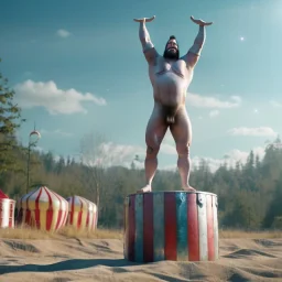 Ultra realistic circus scene. Classic Naked strongman, waist up view, Wes Anderson style, happy, bubbles, highly detailed, concept art, unreal engine 5, god rays, ray tracing, RTX, lumen lighting, ultra detail, volumetric lighting, 3d, finely drawn, high definition, high resolution.