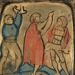 two men in the water in medieval style, one of them has his arms in the air