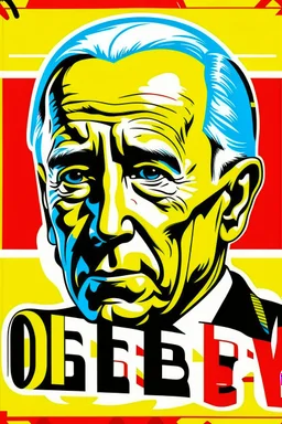 stylized stencil portrait of Joe biden in solid red, beige and (light and dark) blue with the cyrillic word "obey" overlaid on the bottom of the image in yellow