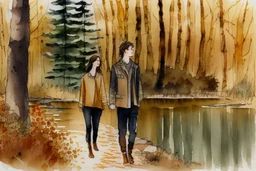 young brunette woman and boy friends walking next to a pond in an autumn forest watercolor and ink in ochre, golden glitters