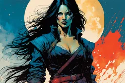 create an imaginative full body print illustration of an ethereal, otherworldly haggard and grim, raven haired female Witcher , in the comic book art style of Bill Sienkiewicz, Mike Mignola, and Jean Giraud Moebius, with highly detailed feminine facial features , finely drawn, colored and inked,