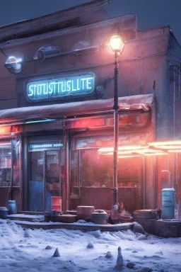 nostalgic blue fallout convenience store snow storm, 8k resolution, high-quality, fine-detail, digital art, detailed matte, volumetric lighting, dynamic lighting, photorealistic