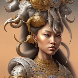 Sango fantasy, fantasy magic, intricate, sharp focus, illustration, highly detailed, digital painting, concept art, matte, art germ and Paul Lewin and Kehinde Wiley, masterpiece silver elephant head bronze Buddha Asian African girl nice breast Hawaiian hair turquoise golden waves