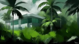 A modern white building with large glass windows is partially obscured by lush green foliage and palm trees. The sky is a moody, overcast gray. The image has a painterly quality with visible brushstrokes, giving it a somewhat impressionistic and atmospheric feel. The colors are rich but muted, with vibrant green foliage contrasting with the cooler tones of the sky and building. The overall mood is serene and slightly mysterious, as if the building is being reclaimed by nature.