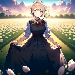 anime girl holding on to a dried dandelion flower and blowing the dried seeds into the air as the wind carries them away. outdoors scene.anime girl standing in a meadow of flowers