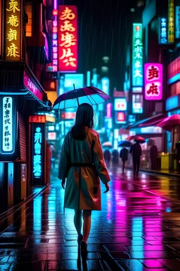 No girl in tokyo rainy night with neon lights