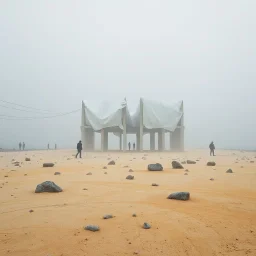 Photograph, wasteland, bright reflective aluminum cover, seaside, fog, brutalist concrete architecture, people, room, rocce, grey sky, winter, liquid, polvere, red spot, open air museum style, wires, apparecchi elettronici, powder, minimalist, details of the dust very accentuated, deep 3d field