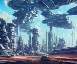 A Spaceship is taking off from a buzzing Space port on a heavy industrialized planet with a futuristic city in the background, retrofuturistic, art by John Berkey, buildings with glass facades, brutalist architecture, insanely detailed, vibrant, 8k uhd, cinematic atmosphere, ultra-wide angle, street level view, brush strokes, blue sky with clouds, dramatic sunset, sharp focus