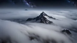 looking down from space at a sharp misty mountain cliff coming through the mist and surrounded by the mist at night starry sky