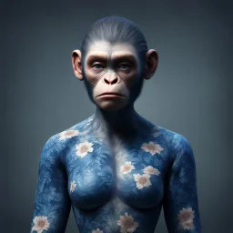 mugshot, Planet of the Apes, blue, large, floral designs, atmospheric, beautiful, China Doll, , dark background, mid shot, full body, neutral expression, buzzcut hair, ultra realistic, highres, superb, 8k wallpaper, extremely detailed, intricate, limited palette,