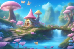 Little fairy house set set in a magical forest. The walls of the house are white. Lots of flowers, birds and butterflies. Sparks of light everywhere. The sky is blue. In the foreground are pink and yellow flowers, then a turquoise river that flows into the forest. To the right, a waterfall near a small wood. A few colored mushroom Hight definition 8k