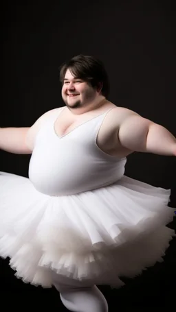 young man, obese; brown hair and fair skin, dancing in a white fluffy tutu. Full character. Elegant pose; HD, Studio shot, realistic.