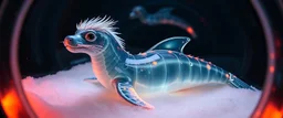 The image depicts a fantastical dolphin snow soup, specifically a transparent with neon plasma aura, with a unique and whimsical appearance. The seal is positioned in a circular frame, which suggests it might be inside a container or a vessel. The dragon's body is elongated and has a segmented appearance, with a detailed texture that gives it a realistic look. Its head is covered with white, spiky hair, adding to its fantastical charm. From the weird dragon lab.