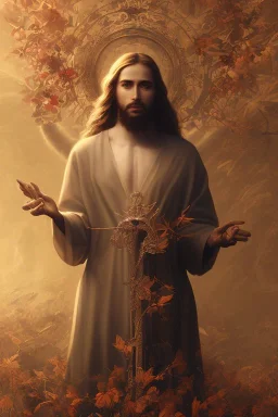 Jesus portrait holding holy cross in hands, at dawn by atey ghailan, golden light , white robe, holding leaves and flowers , angels background, volumetric light, high detail, red leaf tree, mountains in background, perfect