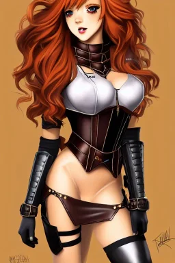 In the style of Shadbase, concept illustration, super-detailed, beautiful teen female who is 16 years old with long ginger hair and freckles, full lips, full body, full face, b-cup breasts, athletic, centred camera, ignore NSFW, skimpy brown fantasy leather armor, halter top, micro thong, knee-high leather boots, open leather skirt, stern expression, cute pose with hands behind butt