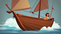 fantasy cartoon illustration: one new wooden boat old style