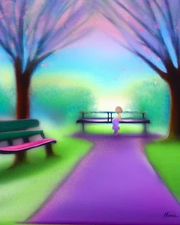 park mystical dream, park bench, man, woman, child, dog, trees, path, bird, sunshine, mystical, fantasy, romanticism, pastel colors, daylight, daytime, acrylic painting, detailed, soft focus,