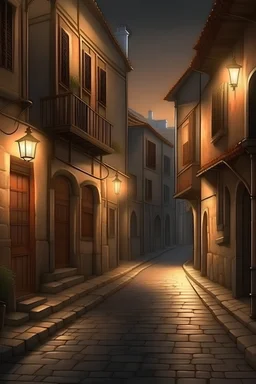 draw a realistic An alley in a medieval town at evening time