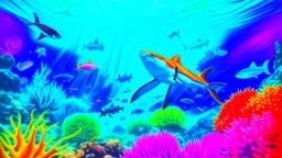 realistic coloring, underwater, coral reef, shark