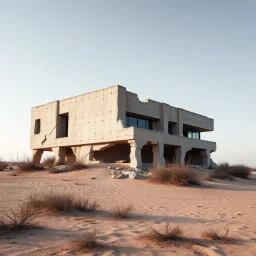 Fotografia di una villa moderna brutalista, che sembra così. La struttura è erosa e inglobata dal paesaggio naturale, come se il tempo o l'ambiente avessero iniziato a "riassorbirla". L'atmosfera è desolata e surreale, con un ambiente circostante spoglio e sabbioso hasselblad h6d400c